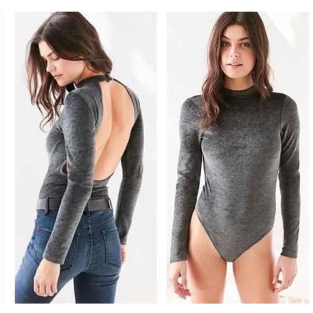 UO Out From Under Mock Neck Velour Grey Body Suit with Open Back Size M